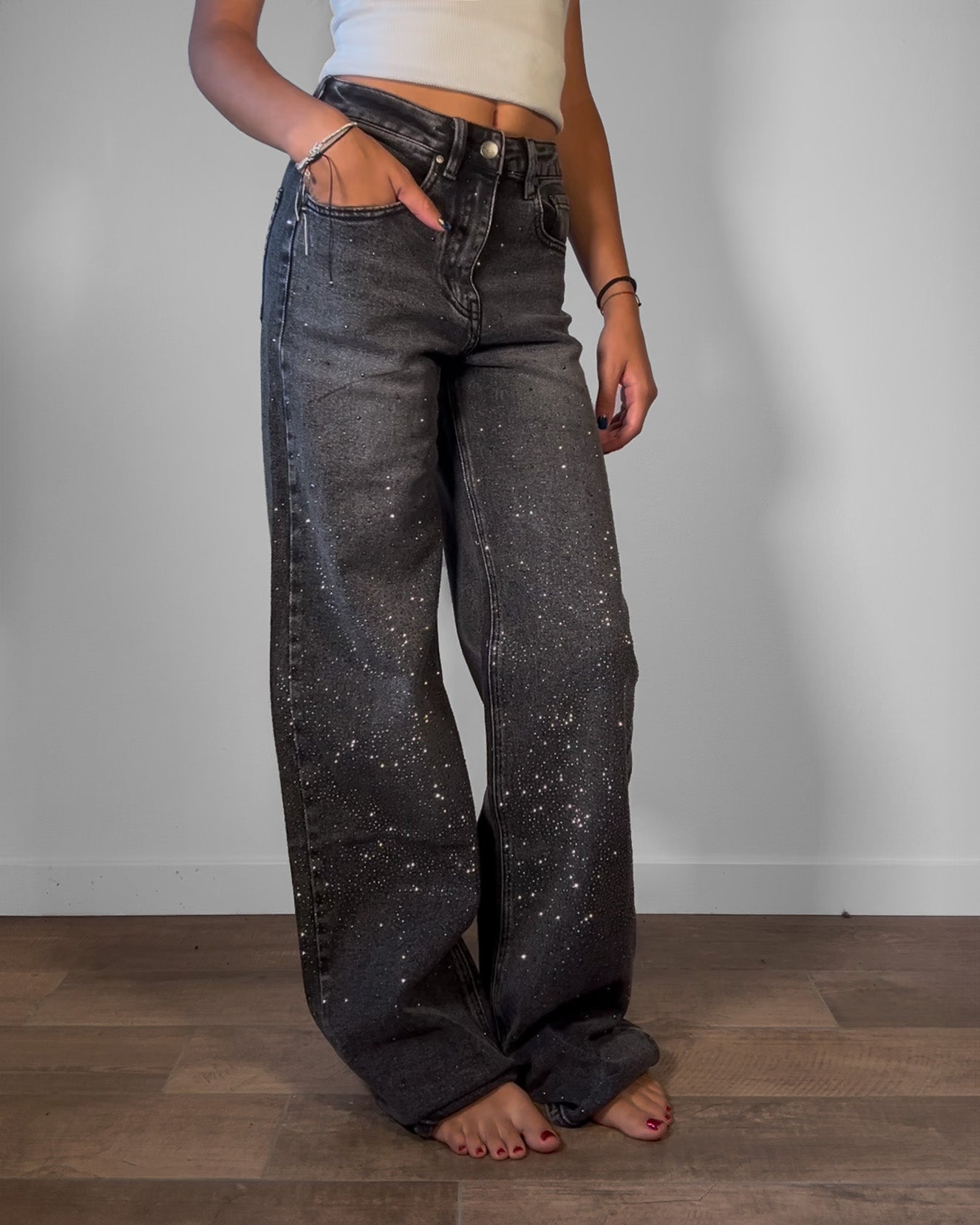 Jeans Donna Wide Leg Grigio con Strass