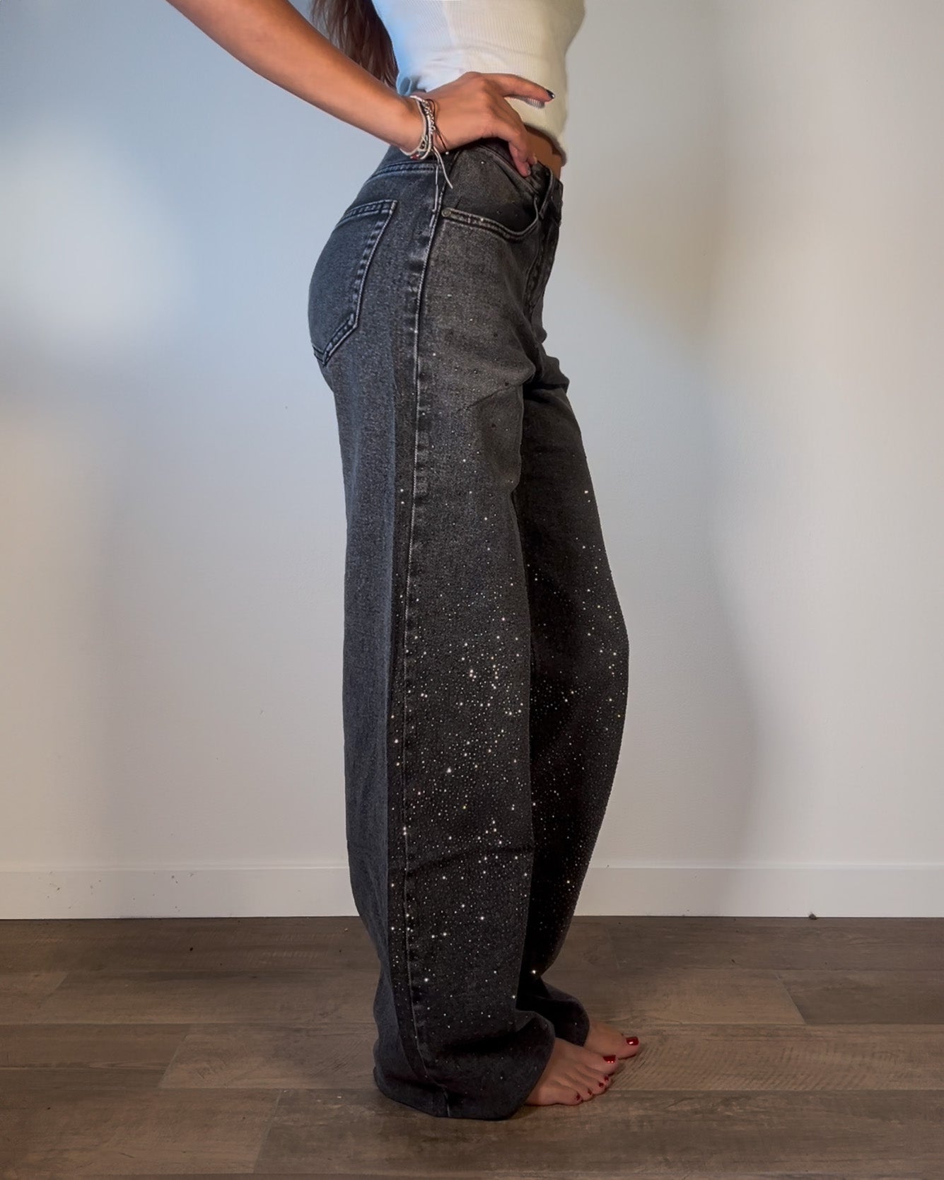 Jeans Donna Wide Leg Grigio con Strass