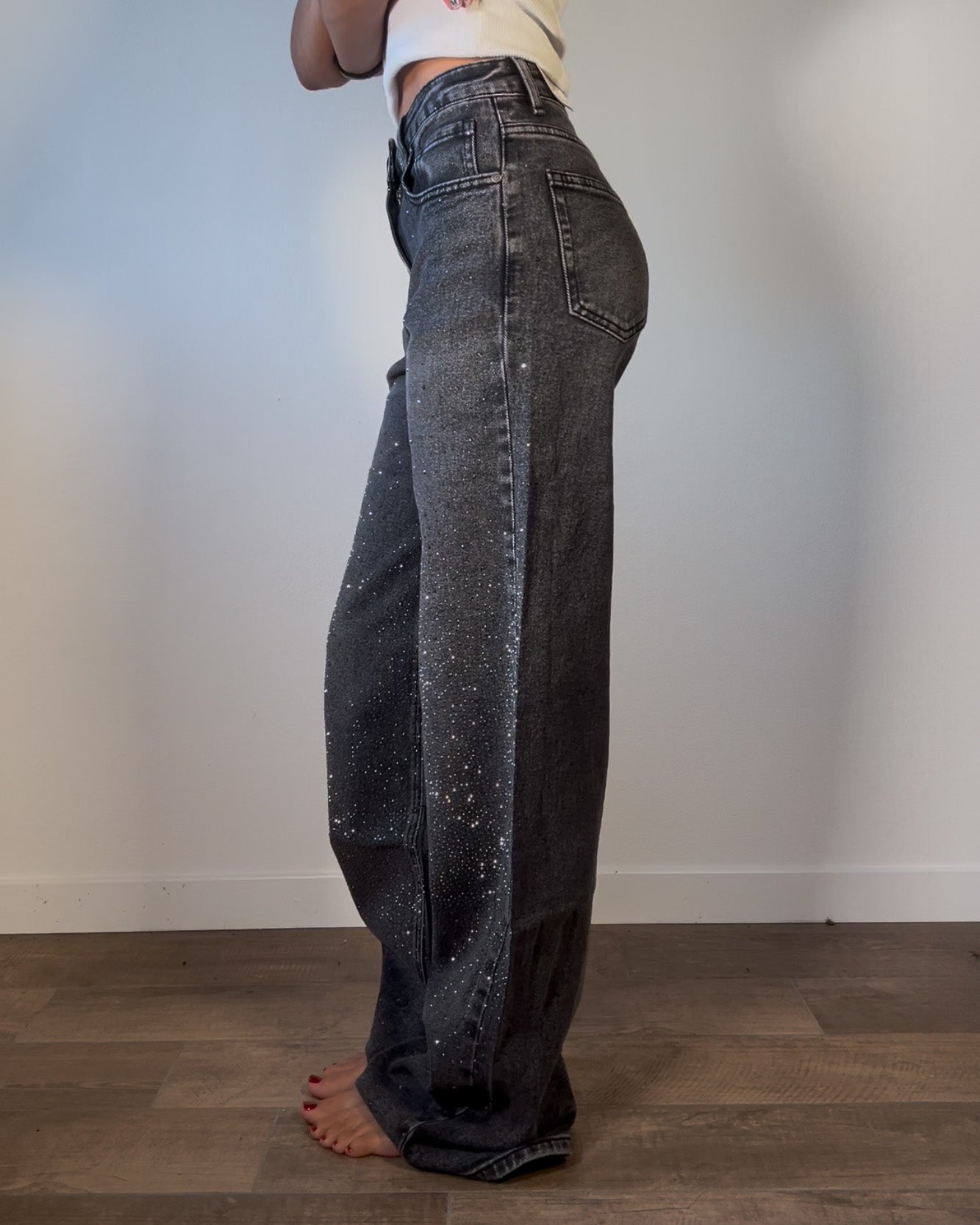 Jeans Donna Wide Leg Grigio con Strass