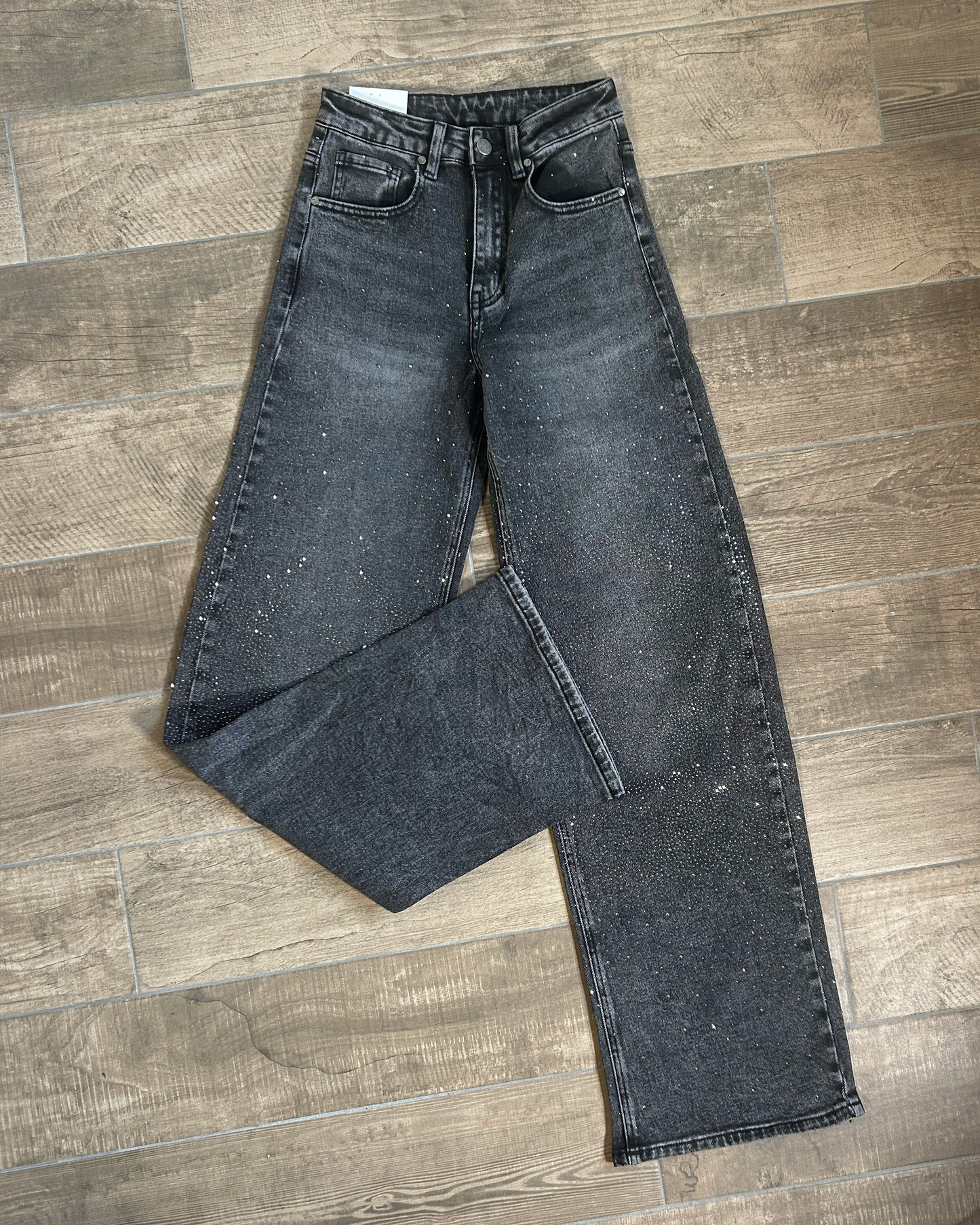 Jeans Donna Wide Leg Grigio con Strass