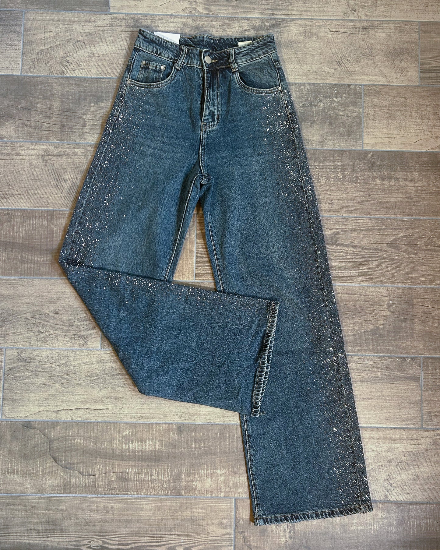 Jeans Donna Wide Leg con Strass Laterali