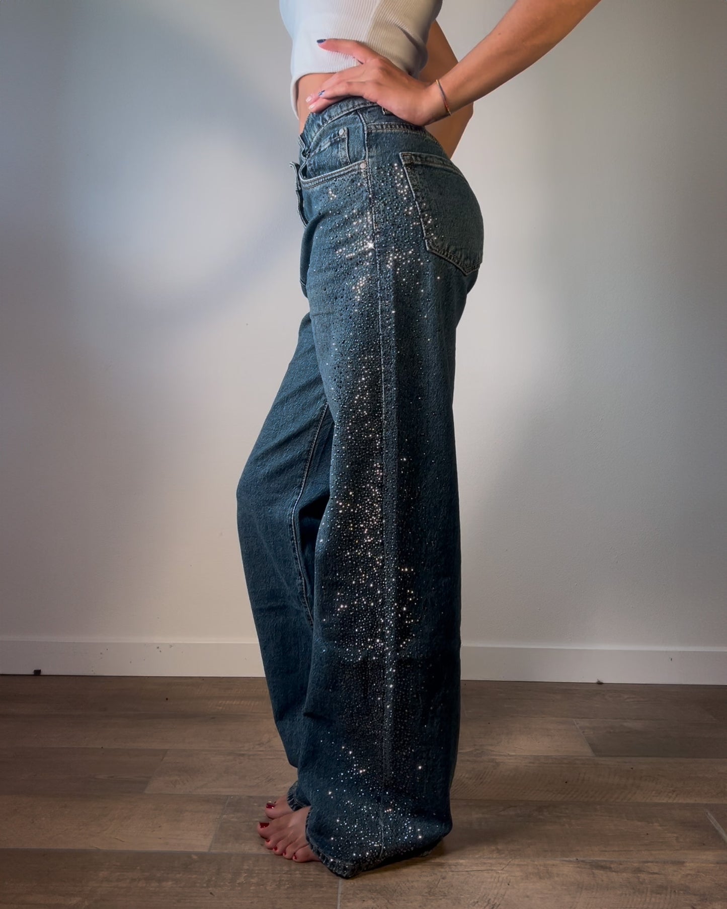 Jeans Donna Wide Leg con Strass Laterali