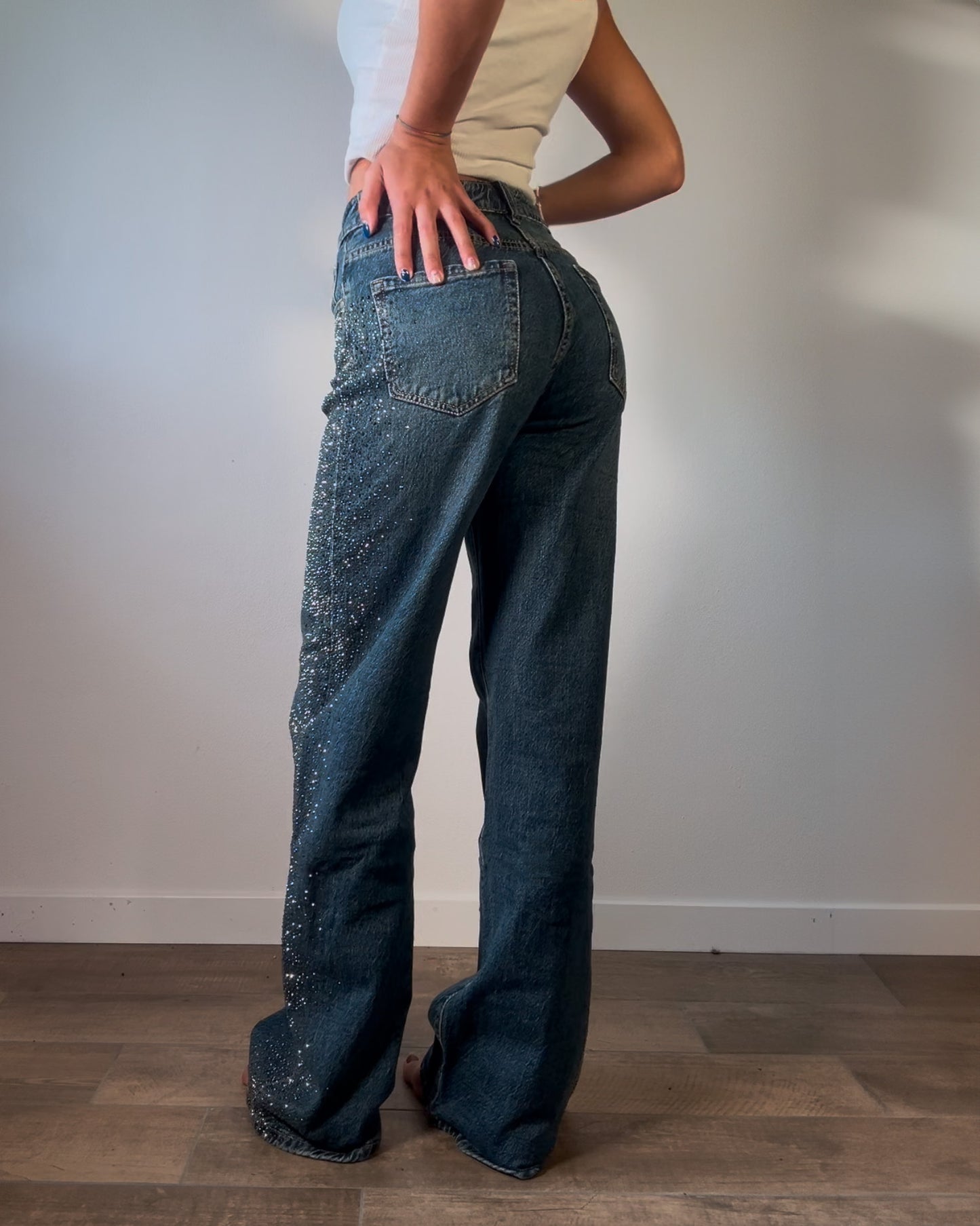 Jeans Donna Wide Leg con Strass Laterali