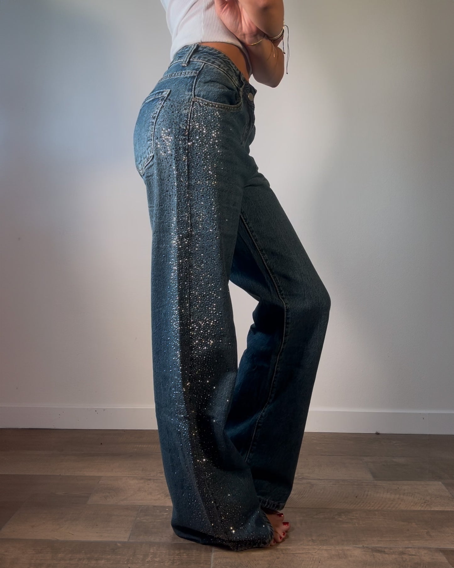 Jeans Donna Wide Leg con Strass Laterali