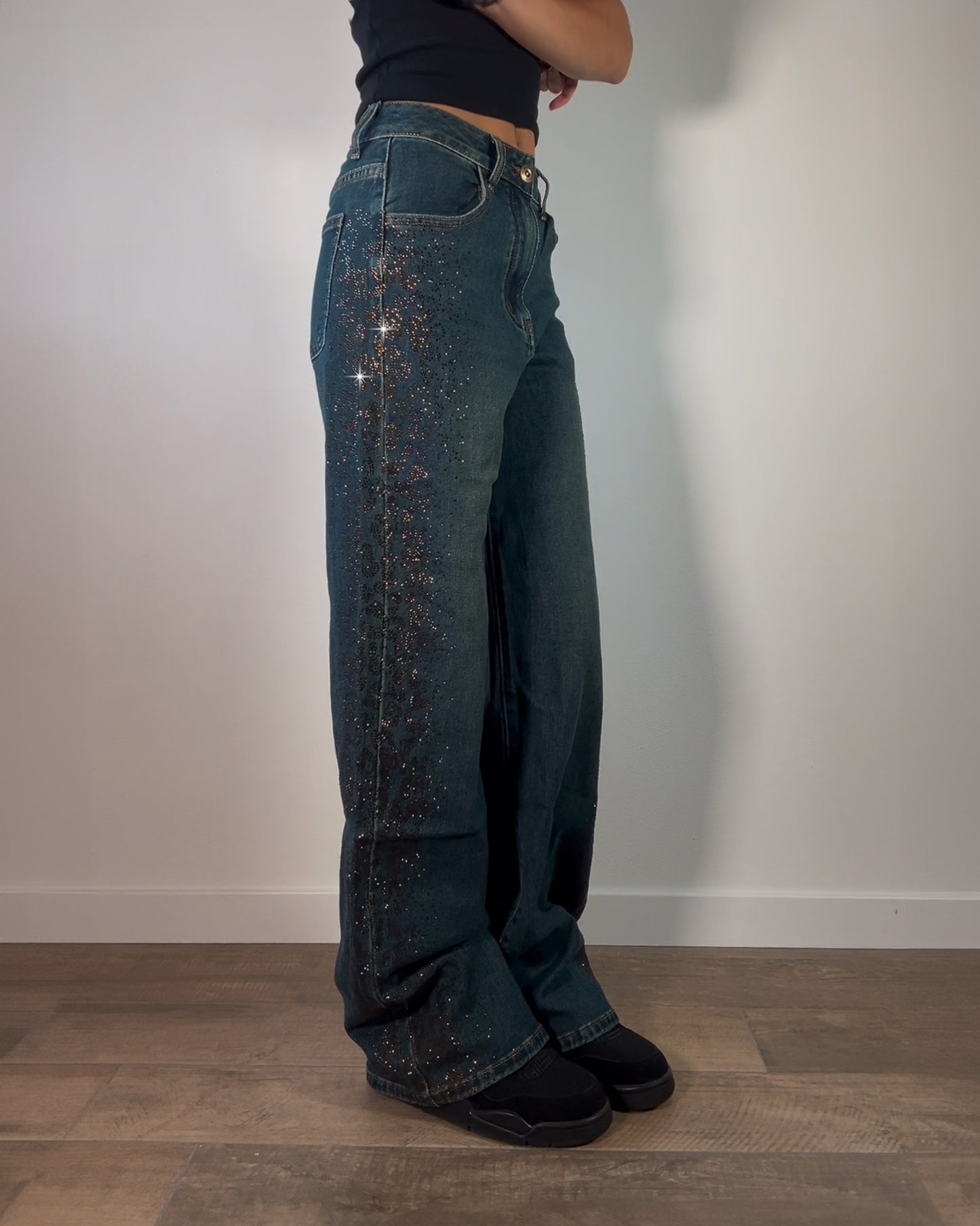 Jeans Donna Wide Leg con Strass Laterali New