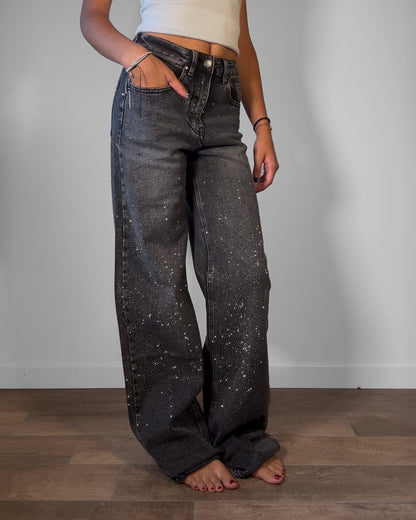 Jeans Donna Wide Leg Grigio con Strass