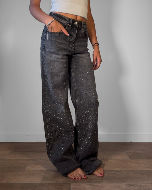 Jeans Donna Wide Leg Grigio con Strass