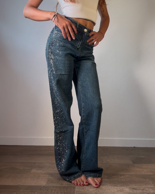 Jeans Donna Wide Leg con Strass Laterali
