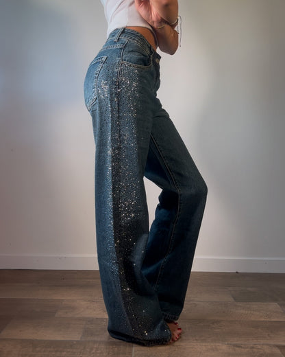 Jeans Donna Wide Leg con Strass Laterali