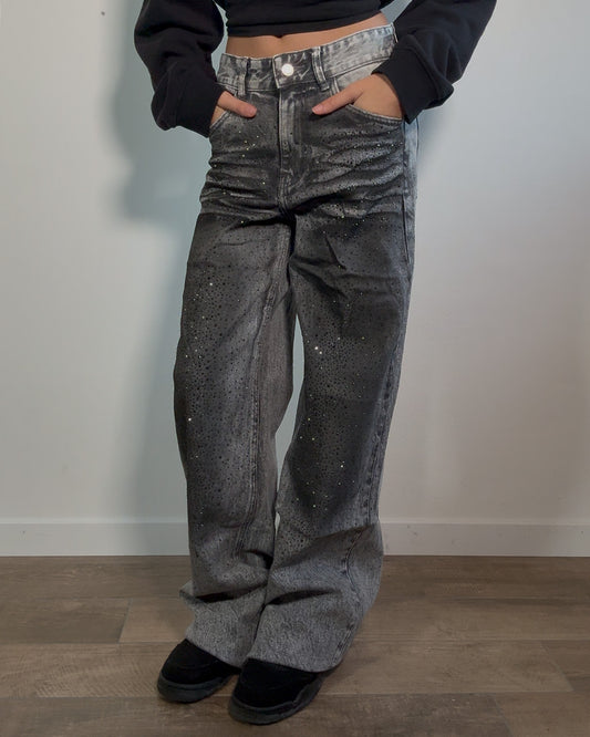Jeans Grigio Glam – Effetto Sfumato & Strass Luminosi