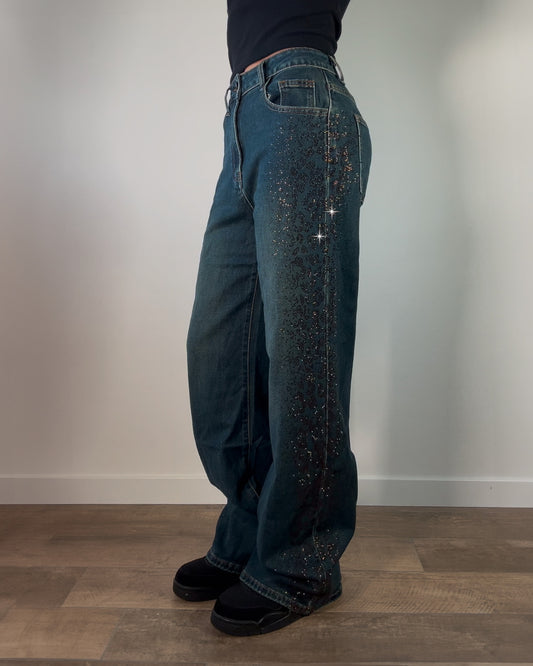 Jeans Donna Wide Leg con Strass Laterali New