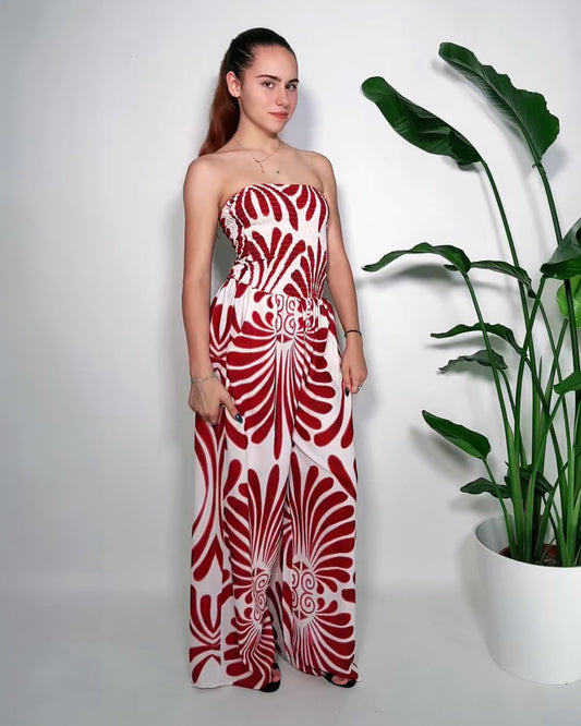 Tuta Larga Fantasia Geometrica Rossa e Bianca