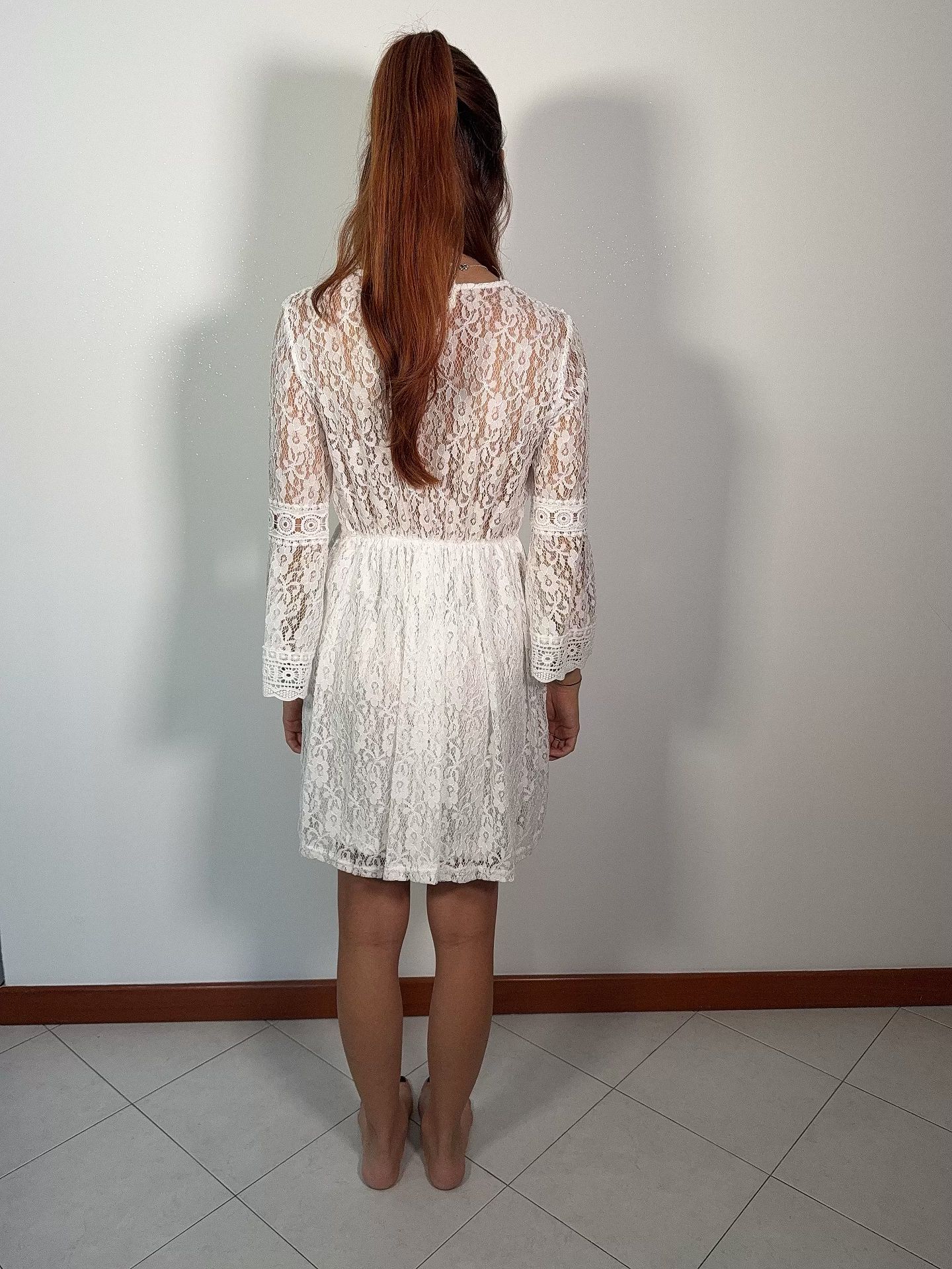Vestito Pizzo Bianco Maniche Lunghe