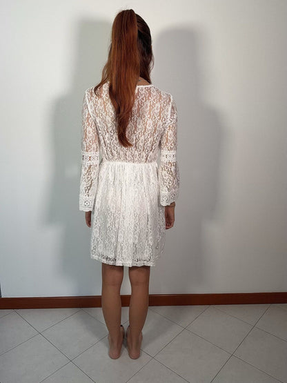 Vestito Pizzo Bianco Maniche Lunghe
