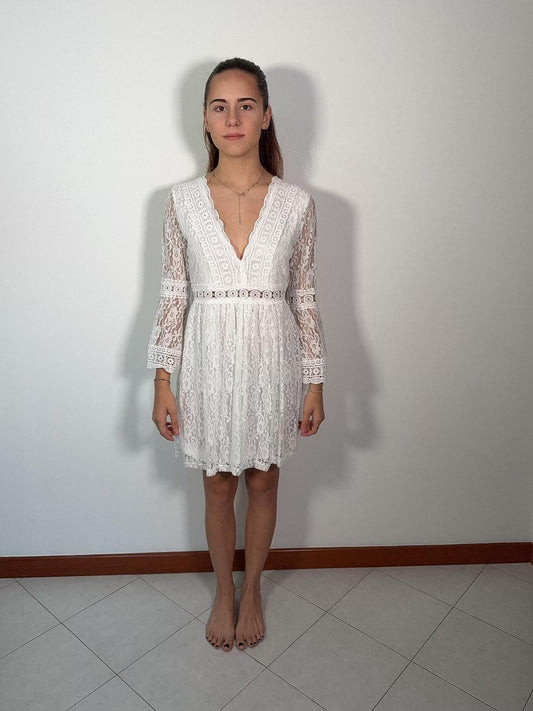 Vestito Pizzo Bianco Maniche Lunghe