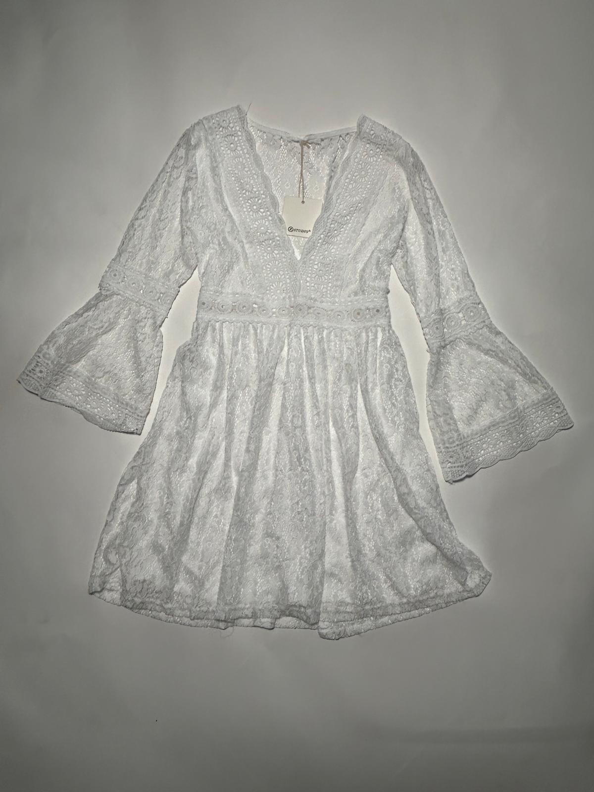 Vestito Pizzo Bianco Maniche Lunghe